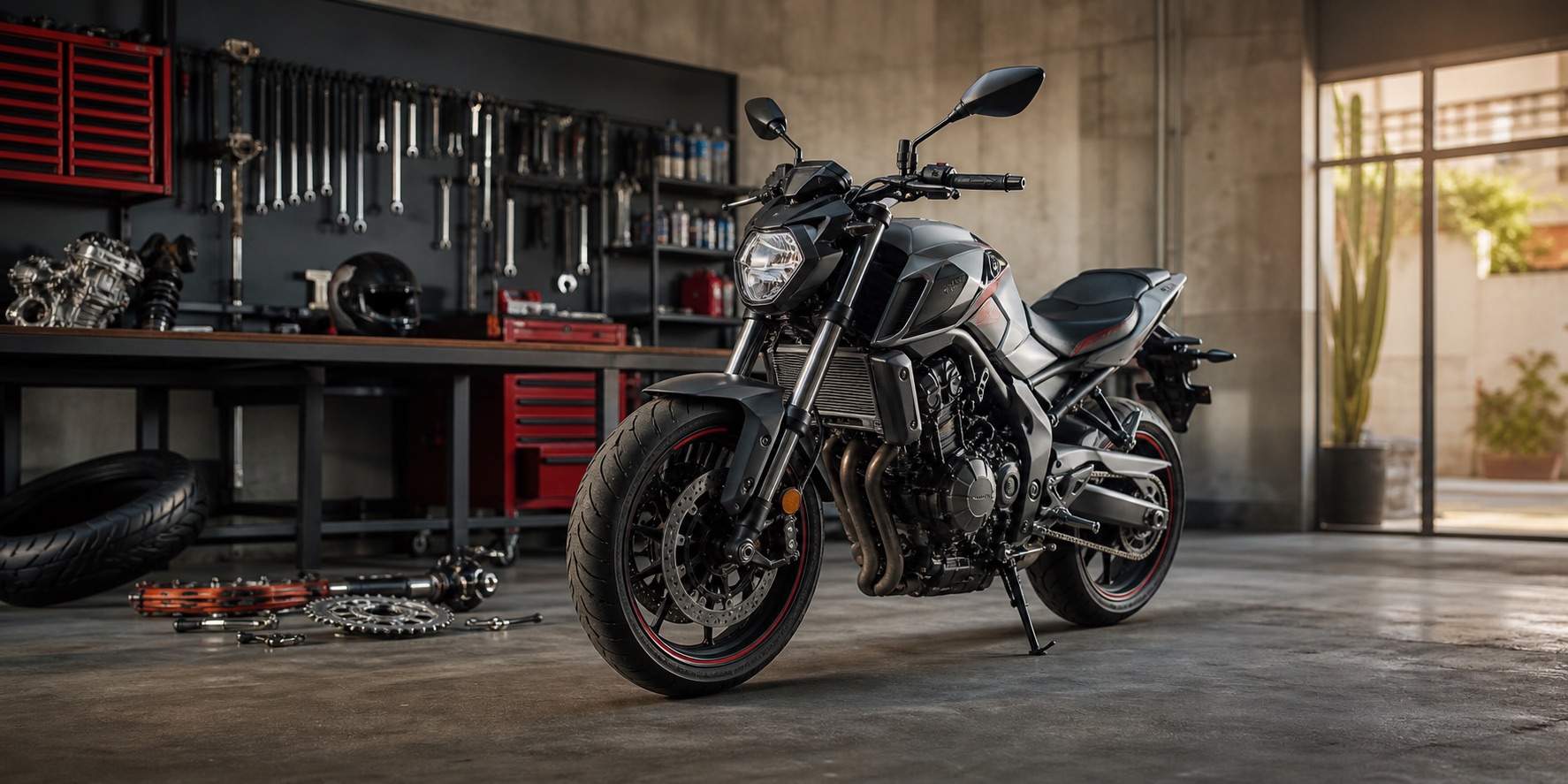 Motocicleta moderna en un taller de refacciones y mantenimiento