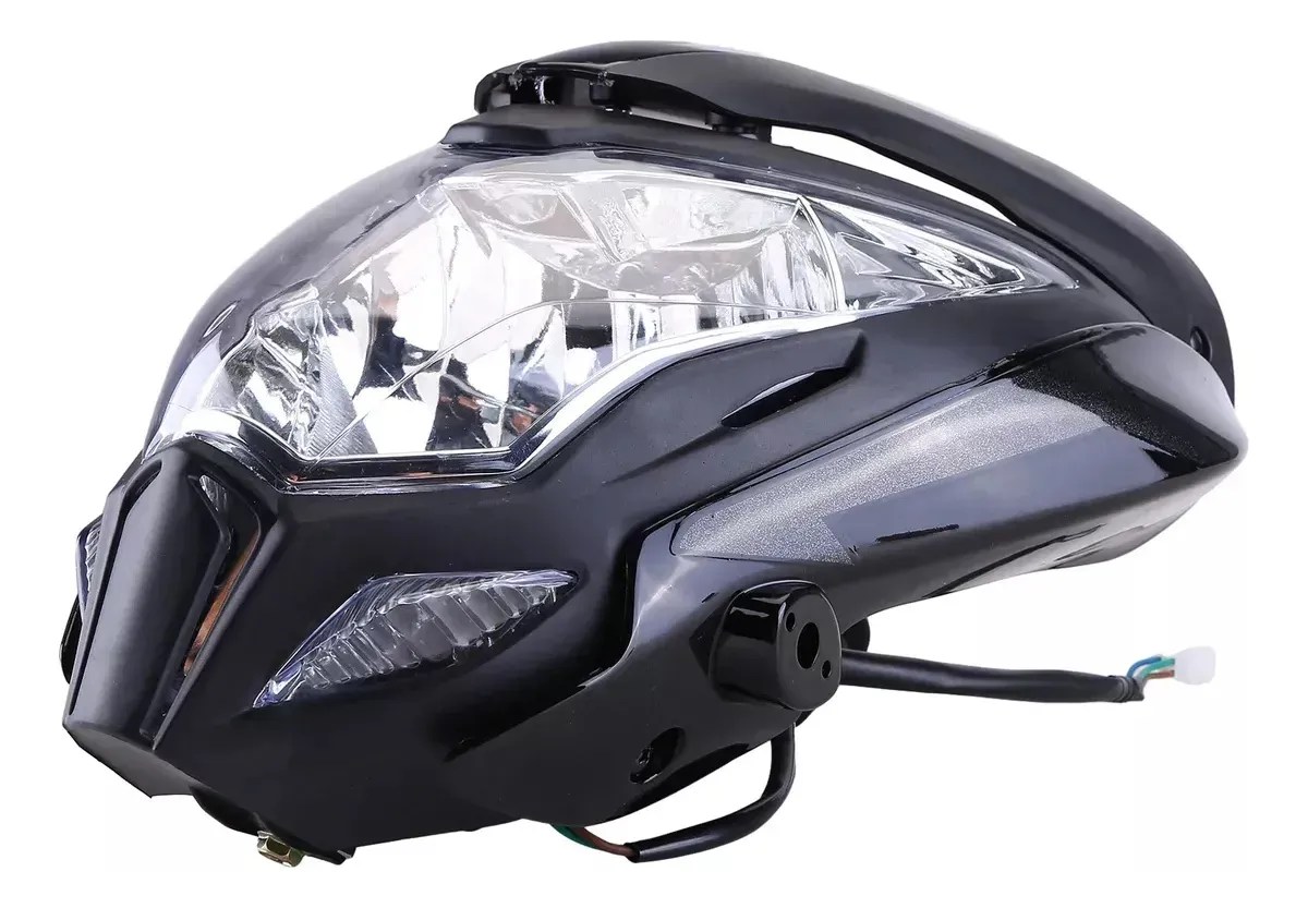 Vista lateral del faro completo Bajaj Pulsar NS200 con bisel lente soporte y cable