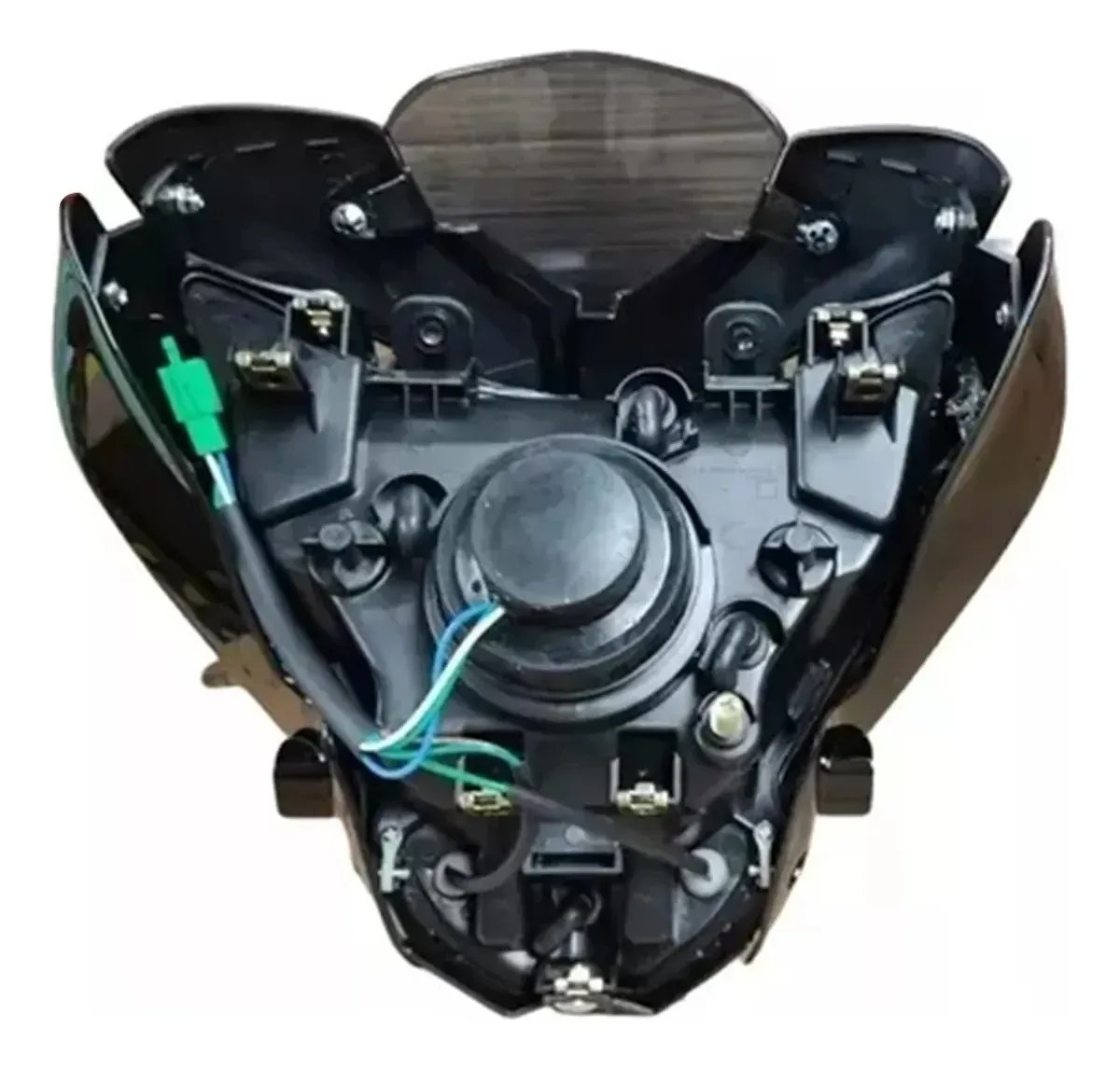 Parte posterior del faro completo Bajaj Pulsar NS200 con puntos de montaje cableado y conectores visibles
