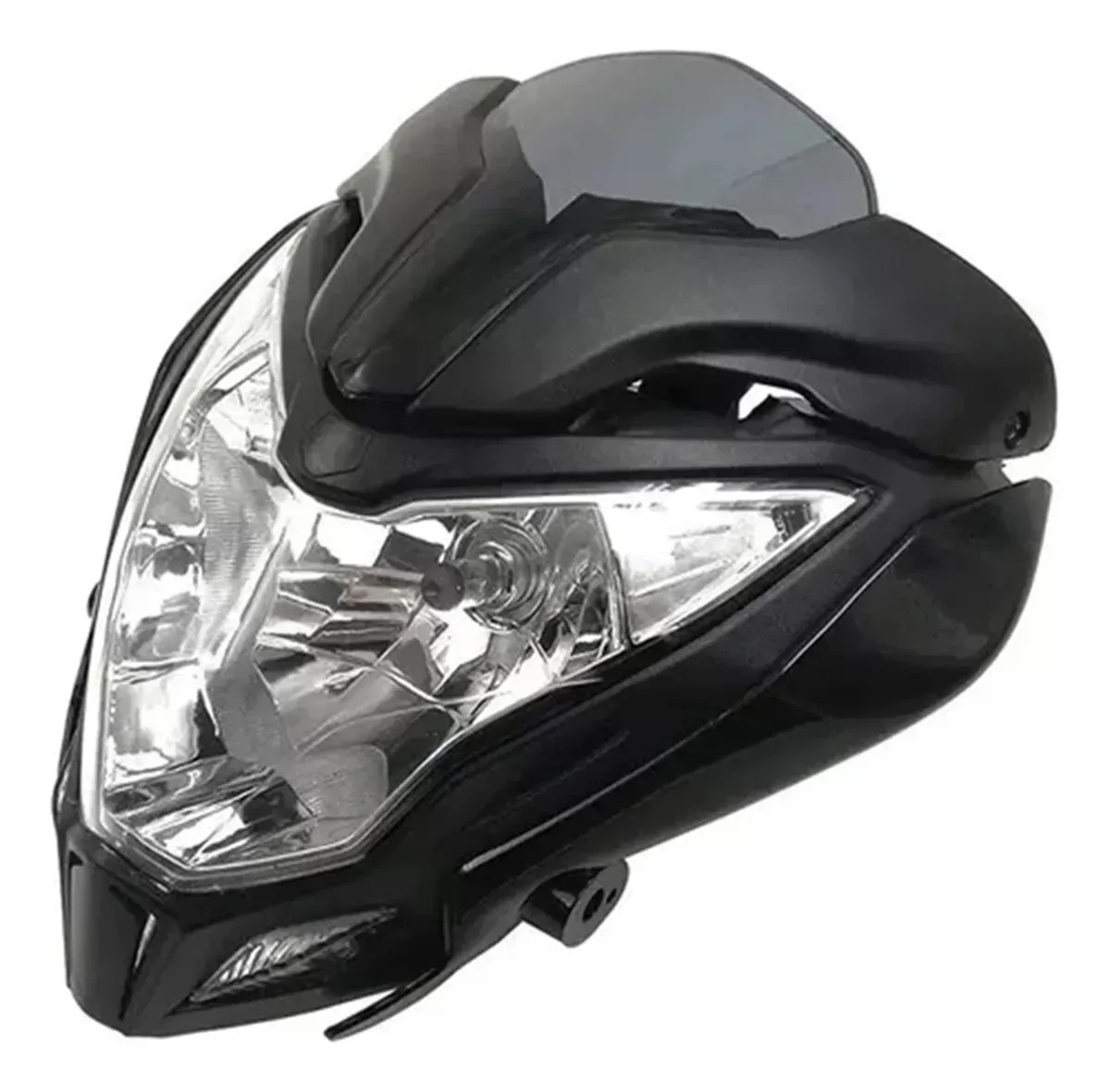 Faro completo con bisel para Bajaj Pulsar NS200 visto en ángulo para comparar lente y cubierta