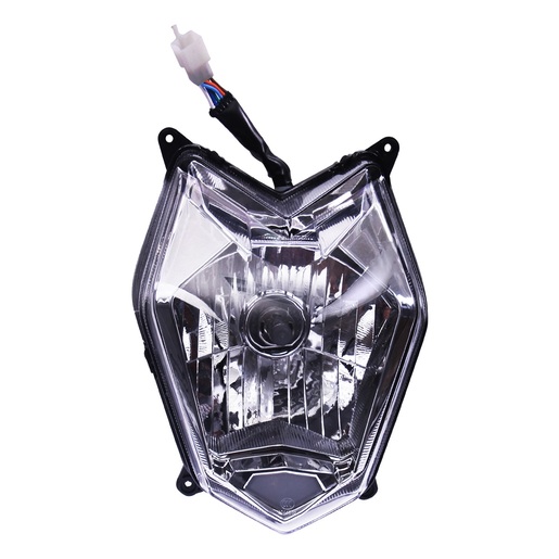 Referencia de catálogo del faro F09010129 para Italika 250Z, con forma frontal y conector visibles